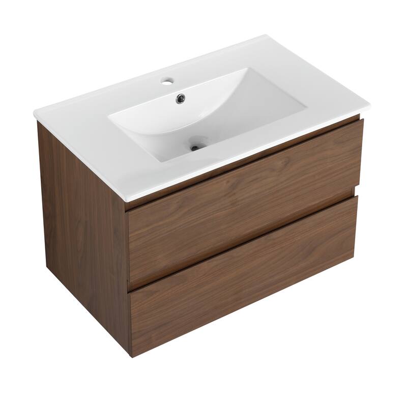 24" Floating Bathroom Vanity with Ceramic Basin, 2 Soft-Close Drawers, Eco-Friendly Plywood Construction