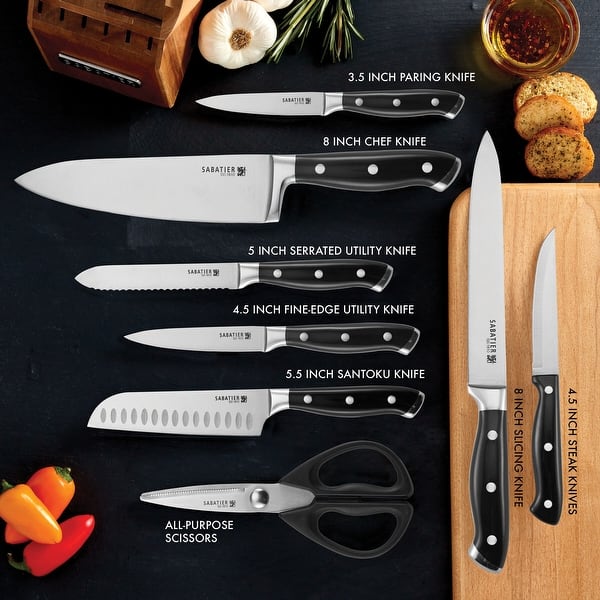 Sabatier 15 Piece Black Triple Rivet Cutlery Set with Acacia