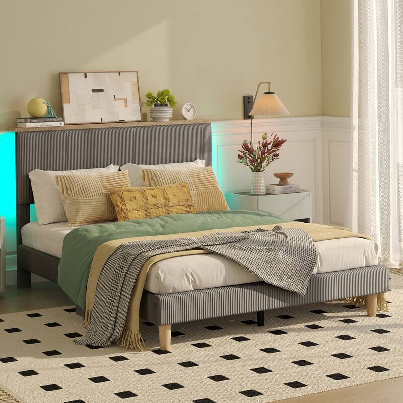 Bestier Bed Frame Velvet Upholstered Platform Bed Frame with Storage Headboard and LED Lights