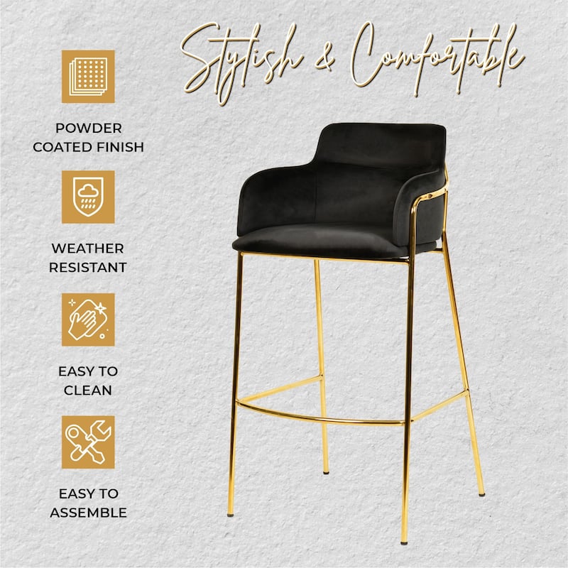 LeisureMod 40" Low-Back Velvet Upholstered Bar Stool with Gold Stainless-Steel Frame for Home Living Room Kitchen & Bar