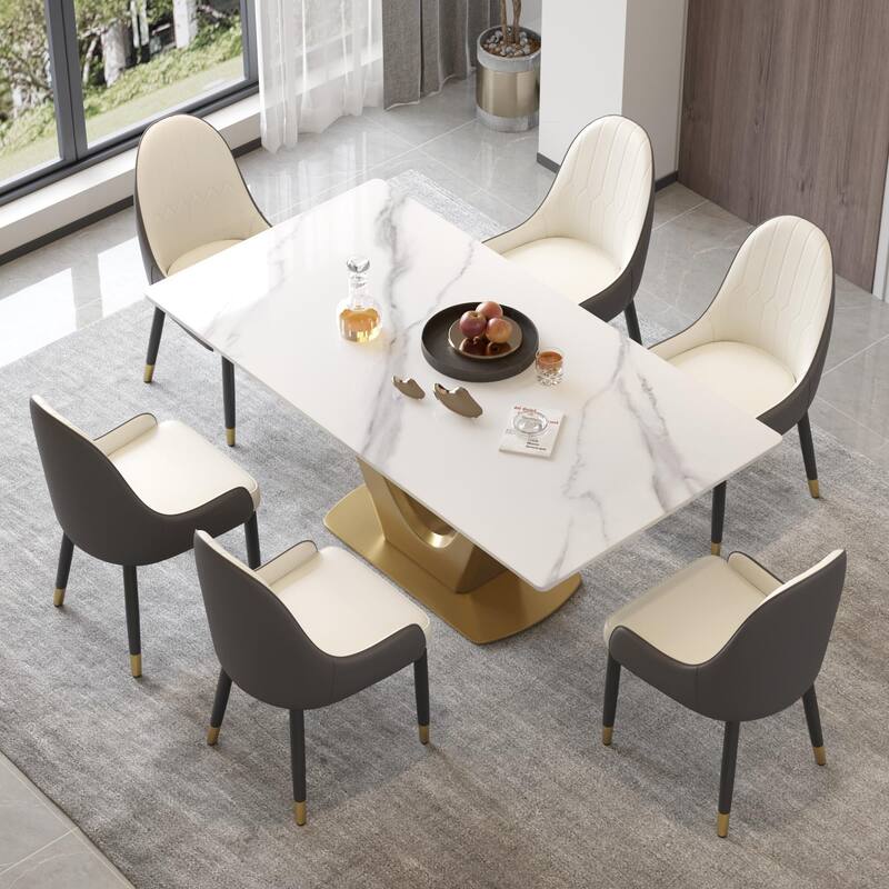V Shape Pedestal Modern Marble Dining Table Slate Kitchen Table - White - 70.87"