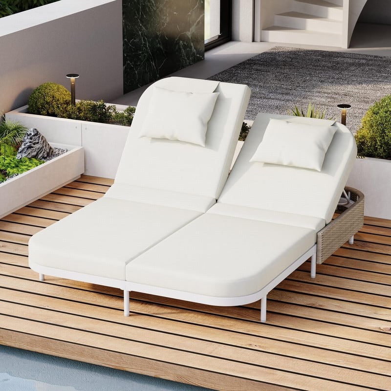 Rattan Outdoor Daybed Double Patio Chaise Lounge with Removable Cushions