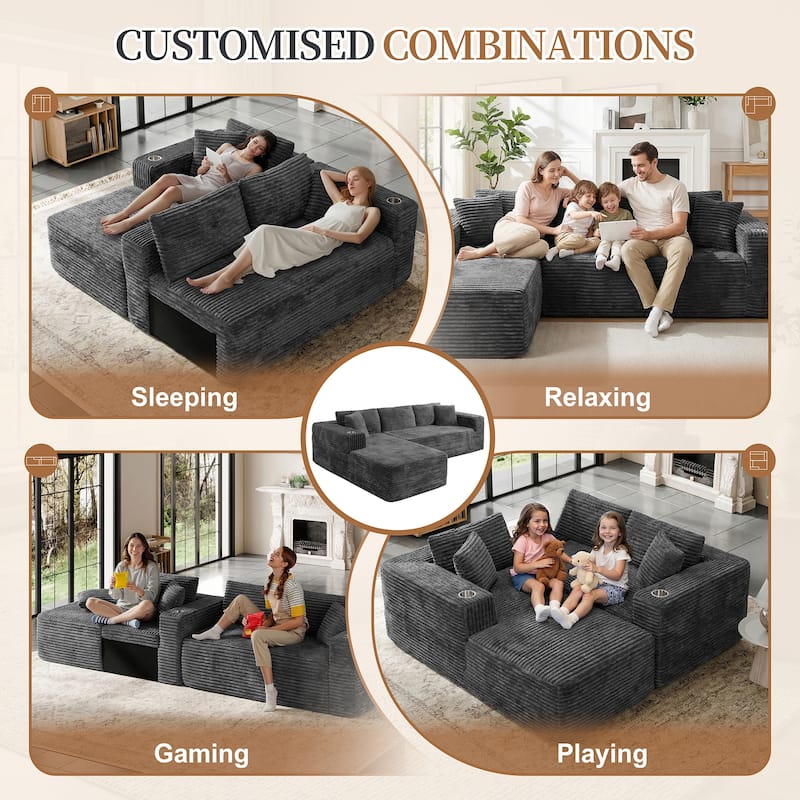 102'' No-Assembly Modular Corduroy Sofa with Cup Holder, Free Combination