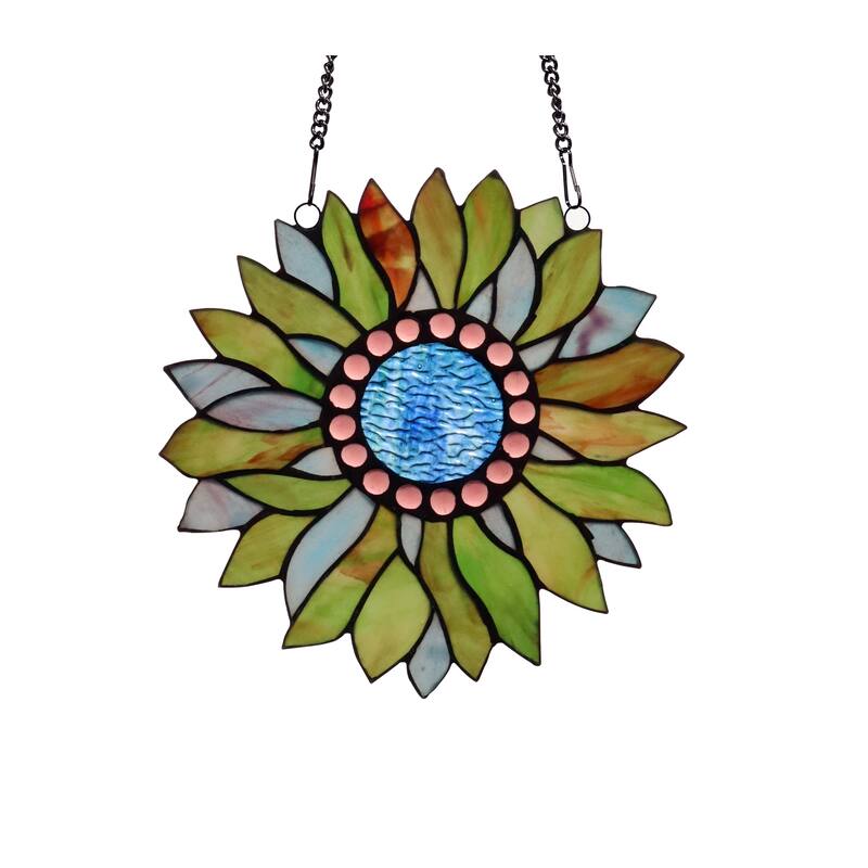 Handcrafted Floral Design Vibrant Multicolor Stained Glass Window Panel - Green/Blue