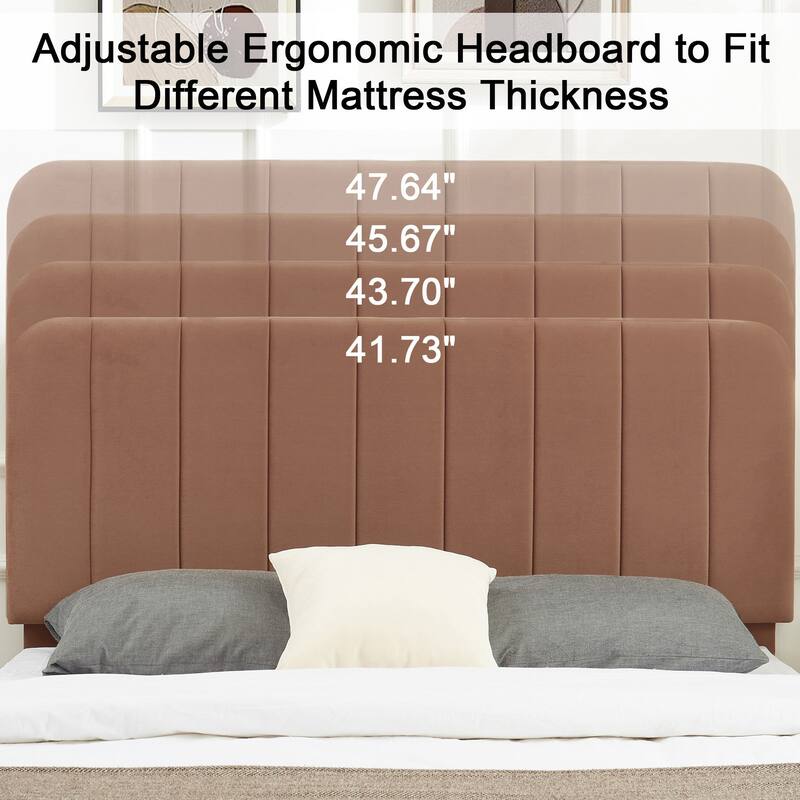VECELO Velvet Upholstered Bed Frame with Vertical Channel Tufted Headboard, Adjustable Headboard, Wooden Slats Support