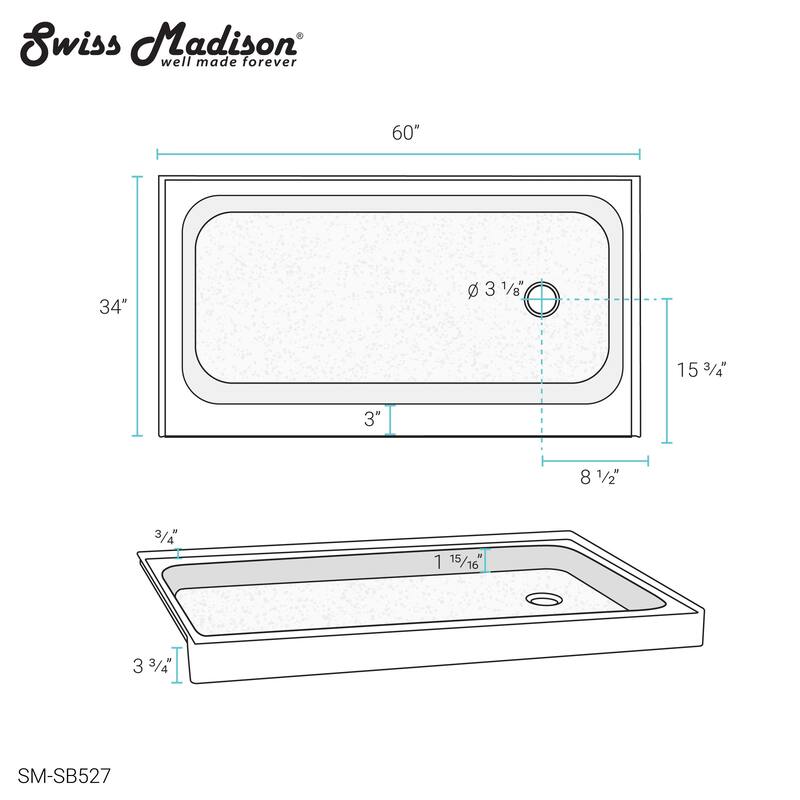 Voltaire 60" x 34" Acrylic White, Single-Threshold, Right Side Drain, Shower Base