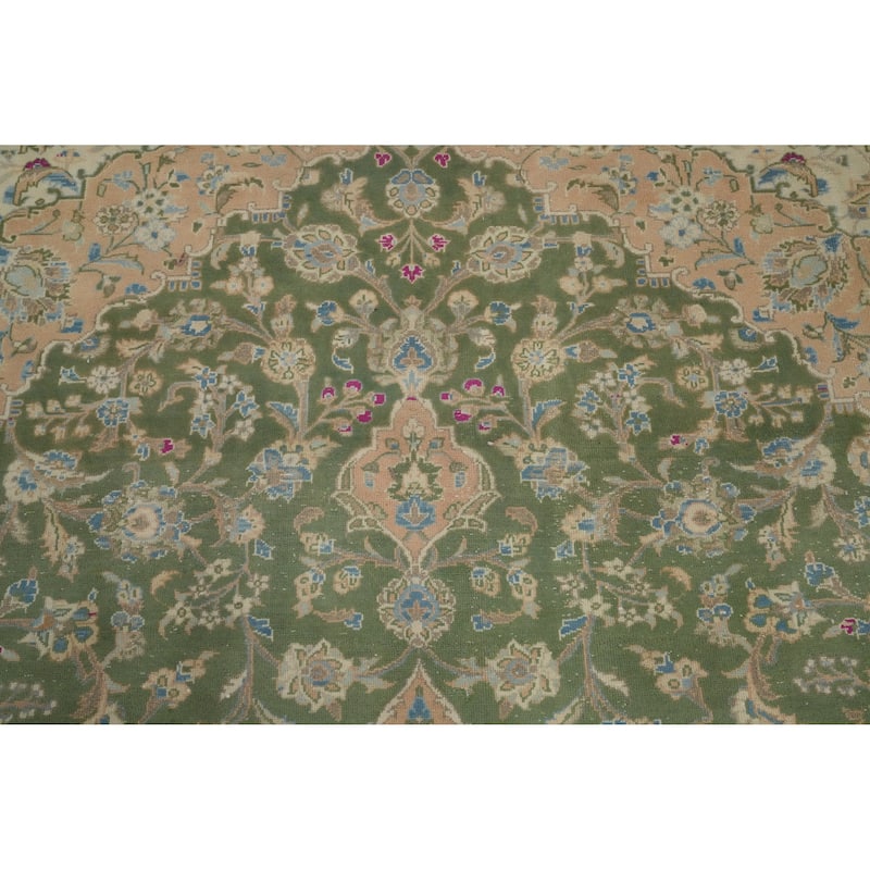 Hand Knotted Oriental 100% Wool Carpet Traditional Floral Green Kashan Area Rug - 12' 7'' X 9' 6''