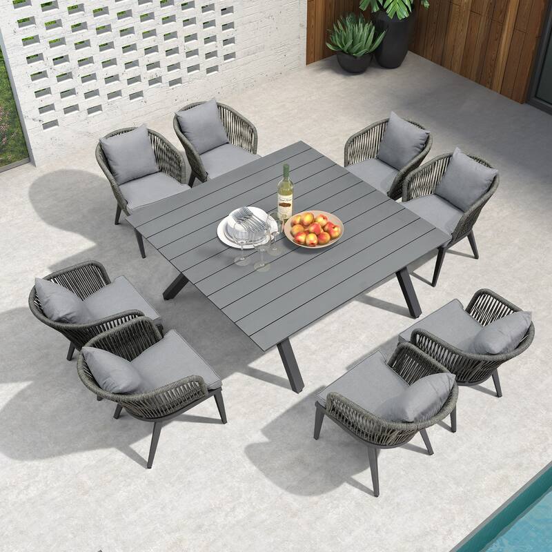 PURPLE LEAF 7-11 Patio Dining Set, Aluminum Frame Table, Wicker Chairs - Grey (9 Pcs Square Grey Table)