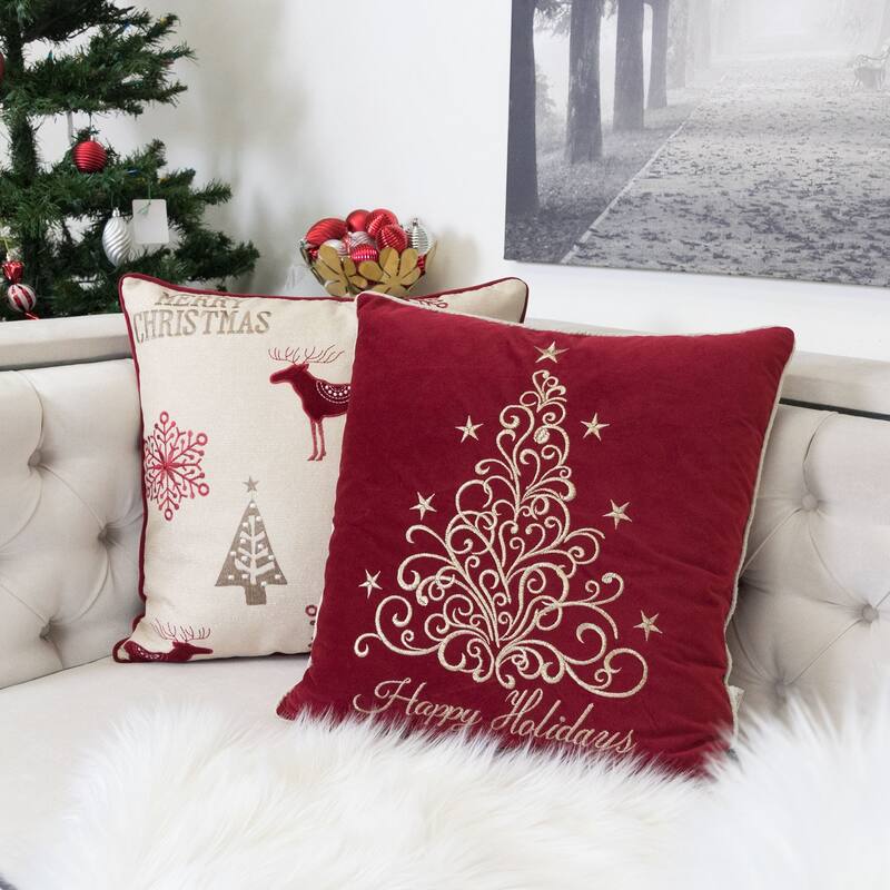 Happy Holidays Embroidered Velvet Throw Pillow