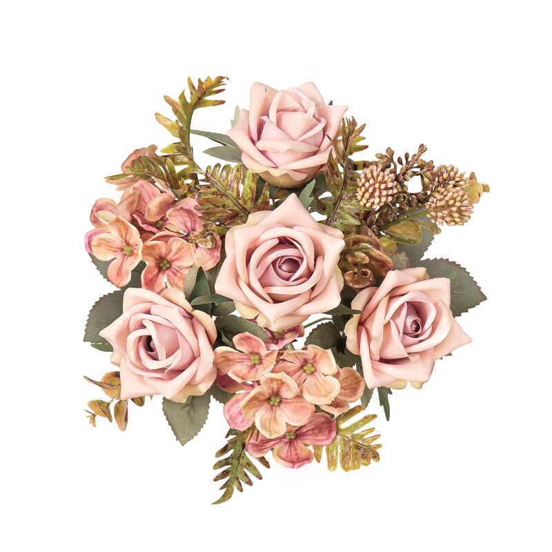 Set of 2 Blush Mauve Artificial Mixed Tea Rose Hydrangea Berry Flower Stem Bush Bouquet 15in - 15" L x 9" W x 9" DP