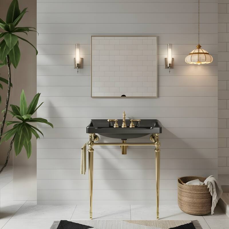 Wall-Mounted Bathroom Vanity with Ceramic Basin and Metal Legs - 28 - Gold+Black