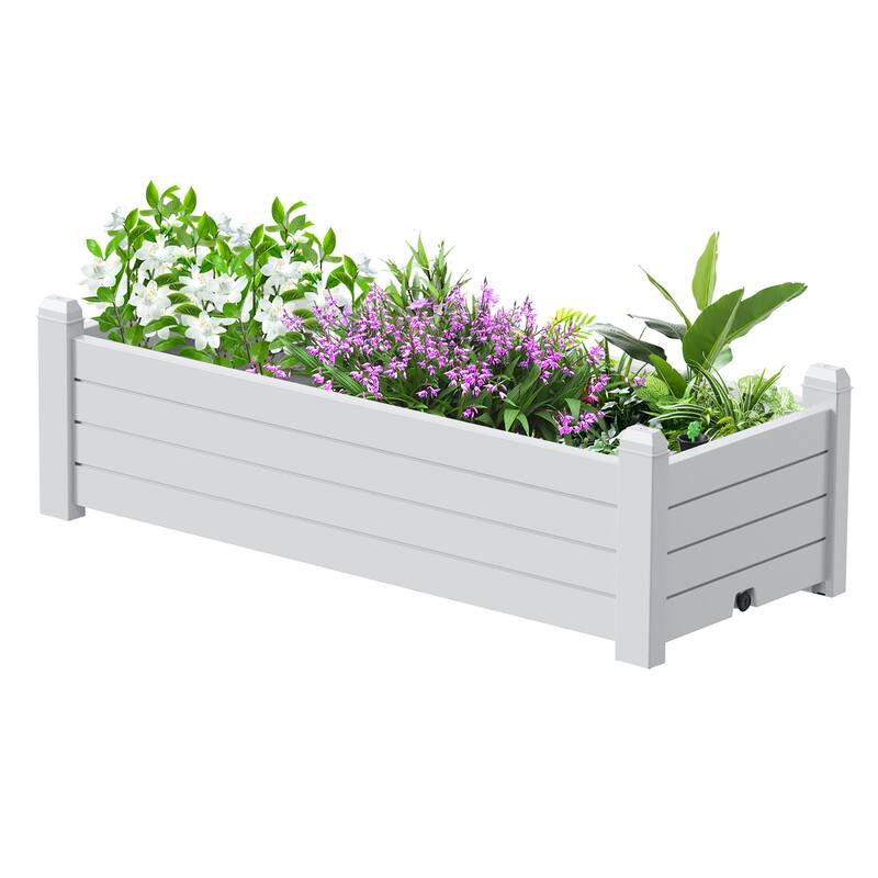 Outdoor Rectangle Planter Box, Low Height Resin Garden Bed with Wood Fence Style Design for Bal - White