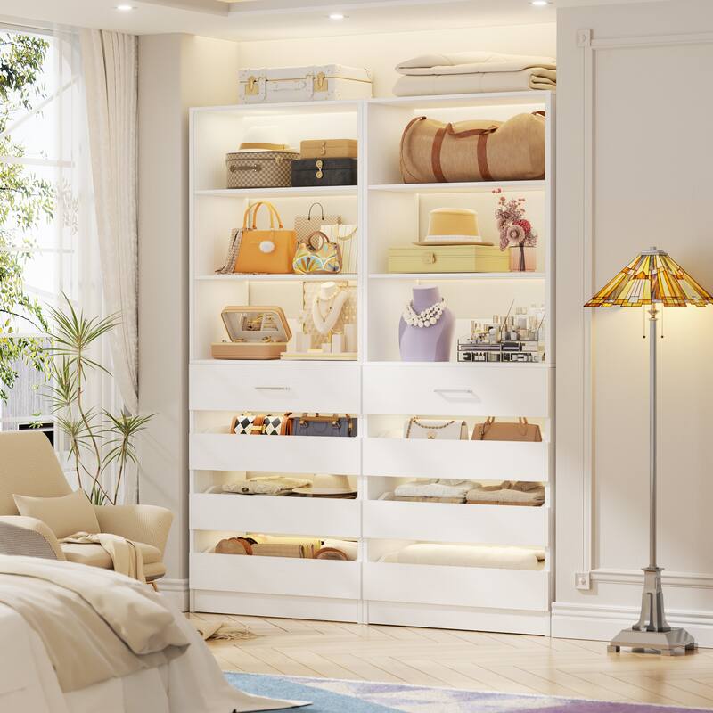 21.3'' W Closet System with 4 Wooden Drawers, 1.78FT Walk-in Closet Organizer Wardrobe with Adjustable Open Shelves - White - Set of 2 (42.6'' W)
