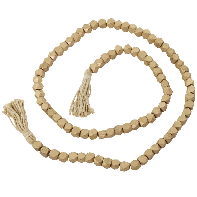Mango Wood Handmade Hexagon Carved Geometric Long Beaded Garland with Tassel - Roche River Decor
