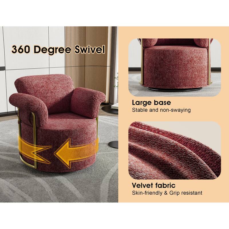 360 Degree Barrel Swivel Upholstered Armchair in Red + Brown for Living Room, Bedroom, Office