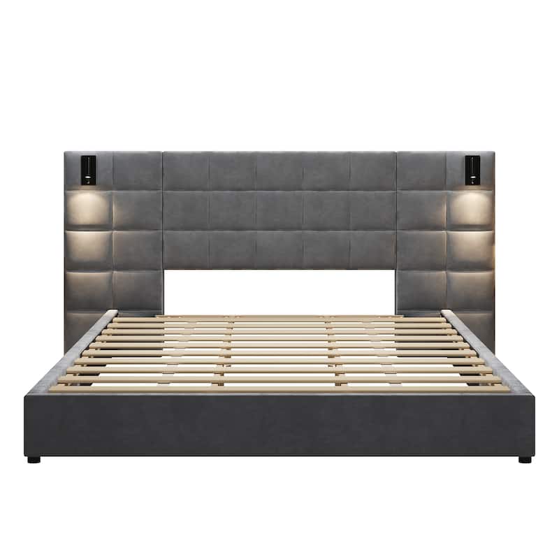 Grounded Bed Upholstered Bed Frame with 46" High Headboard and Integrated Reading Lamp & USB Port, Square Quilting Design