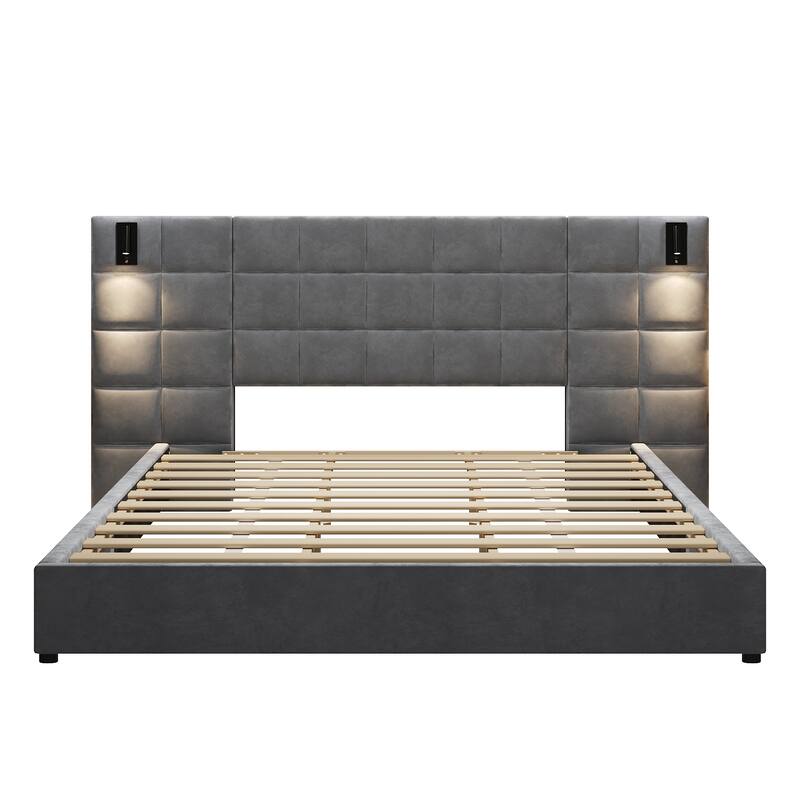 Modern Upholstered Wingback Bed Frame with Wide Headboard, Adjustable Reading Lamp & USB Port, No Box Spring Needed, Velvet,Gray