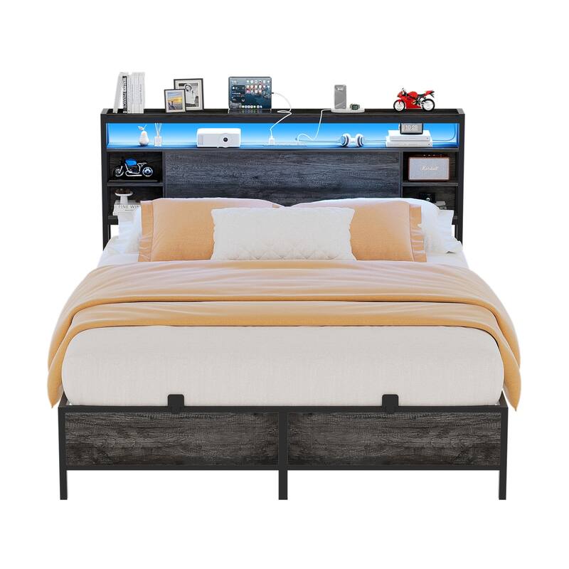 Bed Frame with Charging Station and RGB LED Lights, Sturdy Platform Bed with Storage Headboard, - Grey Oak - Twin