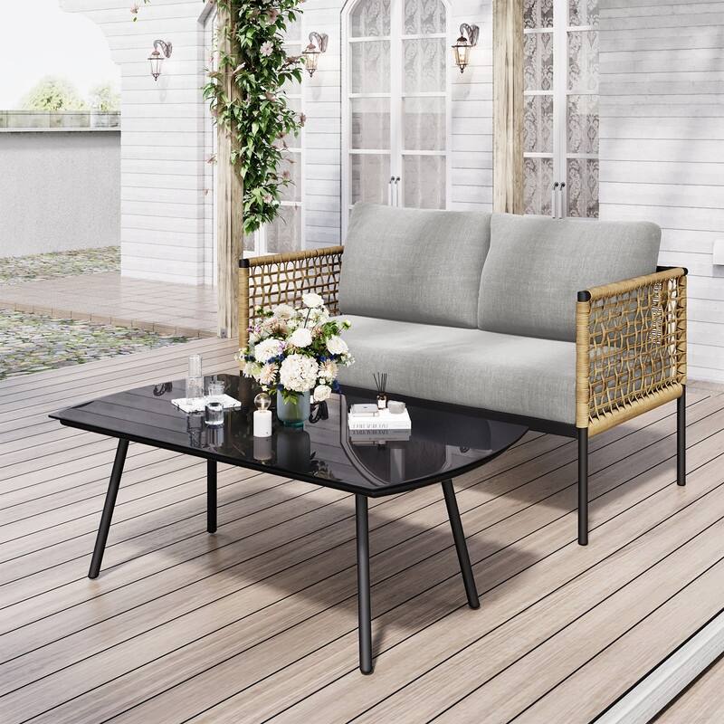 4-piece Waterproof Fabric Sofa Set (2+1+1) with PE Woven & Marble Table - Beige