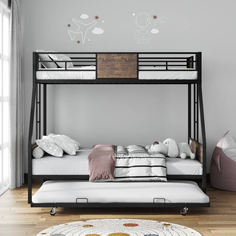 Twin Over Full Metal Bunk Bed with Trundle, Sturdy Frame with Safety Guardrails & 2 Ladders for Kids, No Box Spring Needed