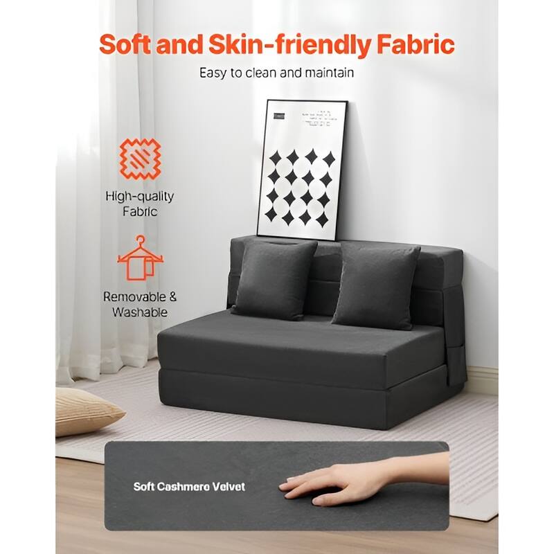 Dark Grey Twin Foam Fabric Folding Sofa Bed with Pillows and Washable Cover - 76.77” L x 39.57” W x 5.91” H