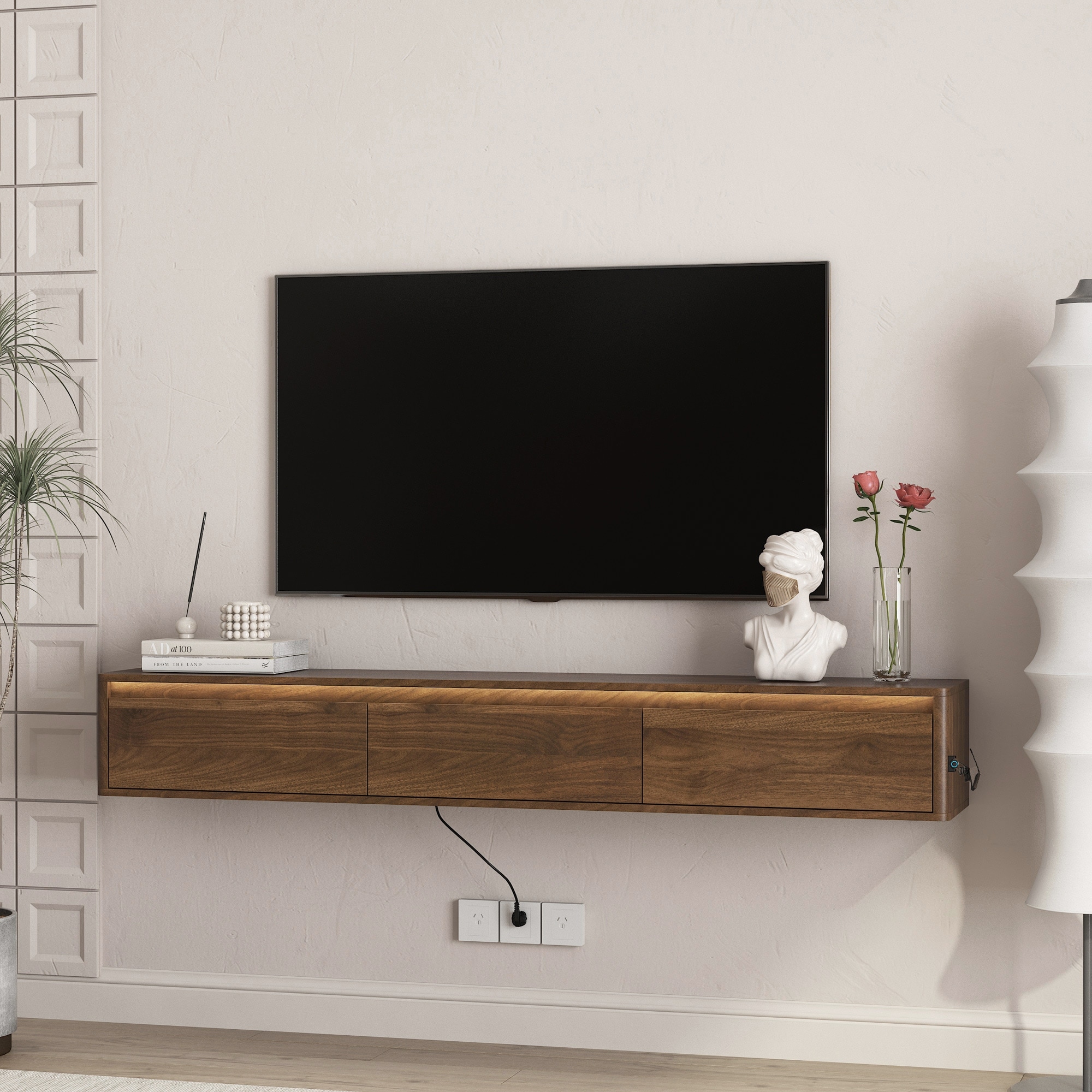 68.9''Floating TV Stand, Wall Mounted TV Shelf with Led Lights & Power Outlet,High Gloss TV Cabinet for Wood tv Stands