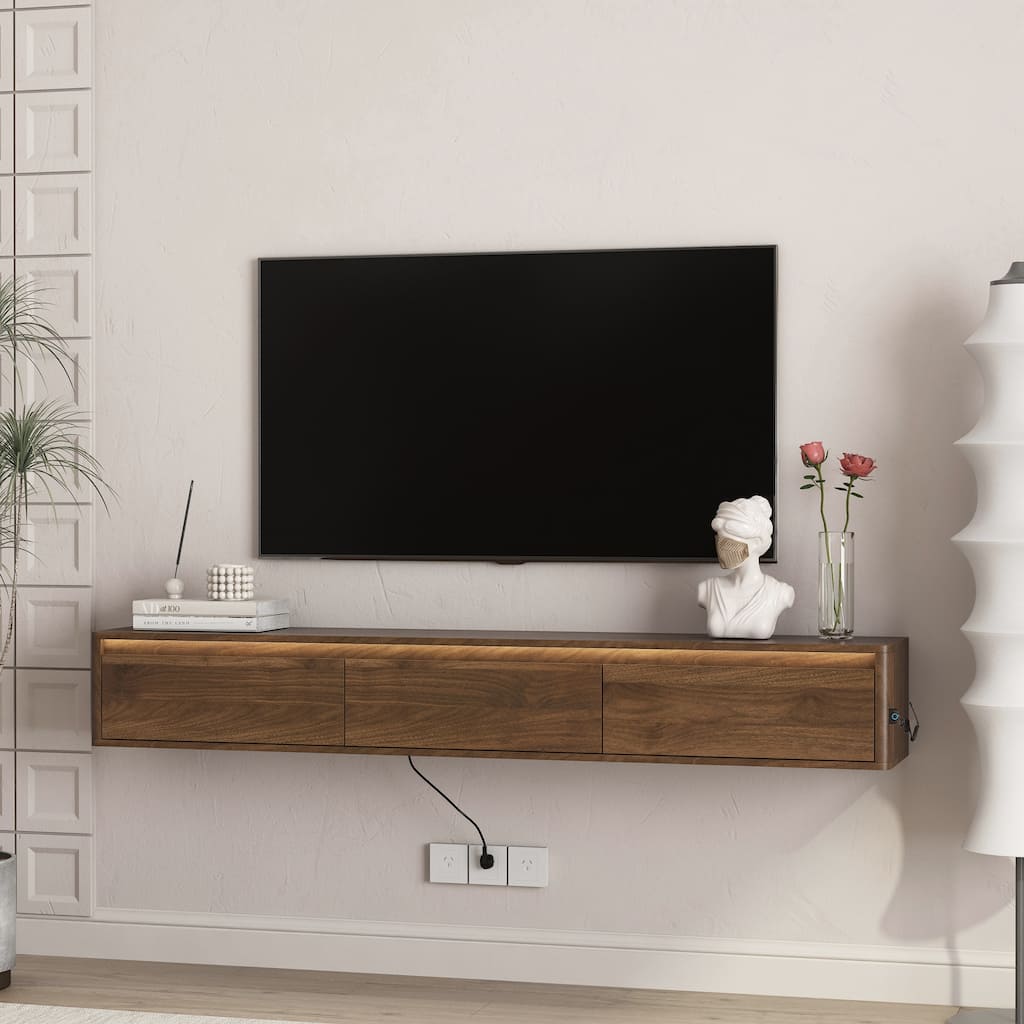 Floating TV Stand with Power Outlets & LED Lights, Mid-Century Modern High Gloss TV Cabinet Media Console Shelf