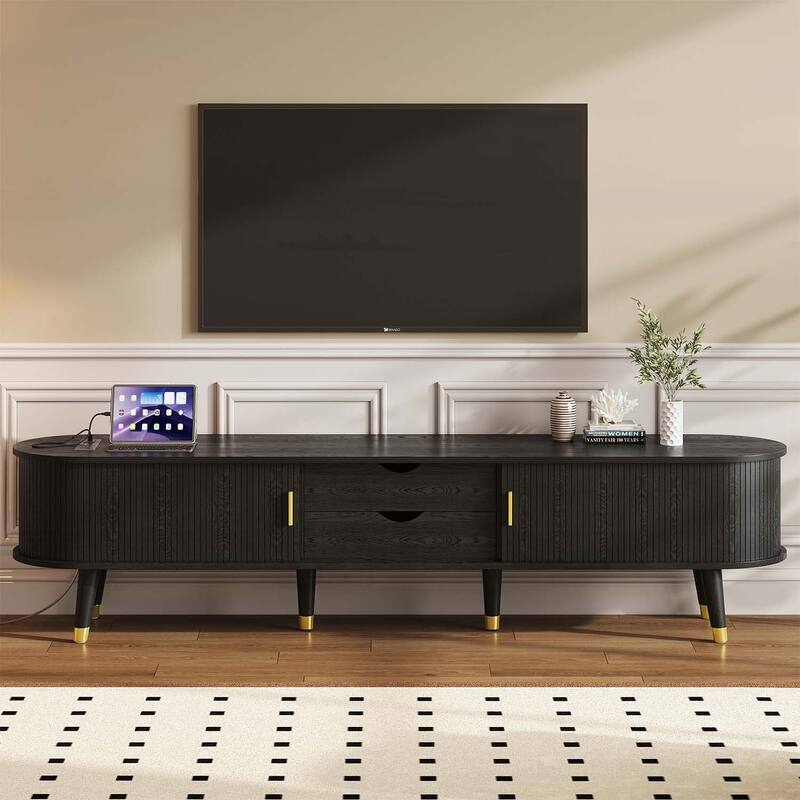 Mid-Century Wooden Oval Fluted TV Stand with Charging Station,Sliding Tambour Door
