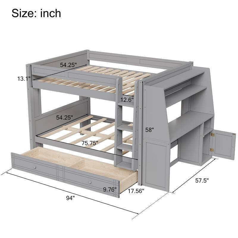 Full Size Multifunctional Bunk Bed Frame with Bookshelves, Desk and Cabinet, Optional with Pull-out Drawers or Trundle Bed