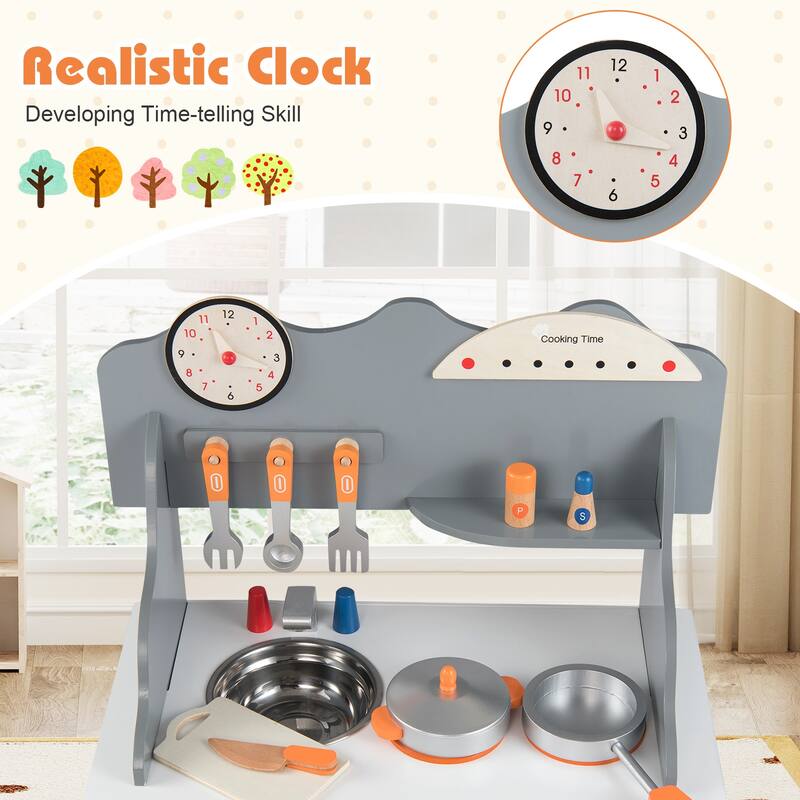 Gymax Pretend Play Toy Kitchen Set w/Clock Stove Spice Rack Faucet &