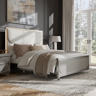 Furniture of America Angrove Modern Silver Wood Panel Bed with LED on Padded Headboard