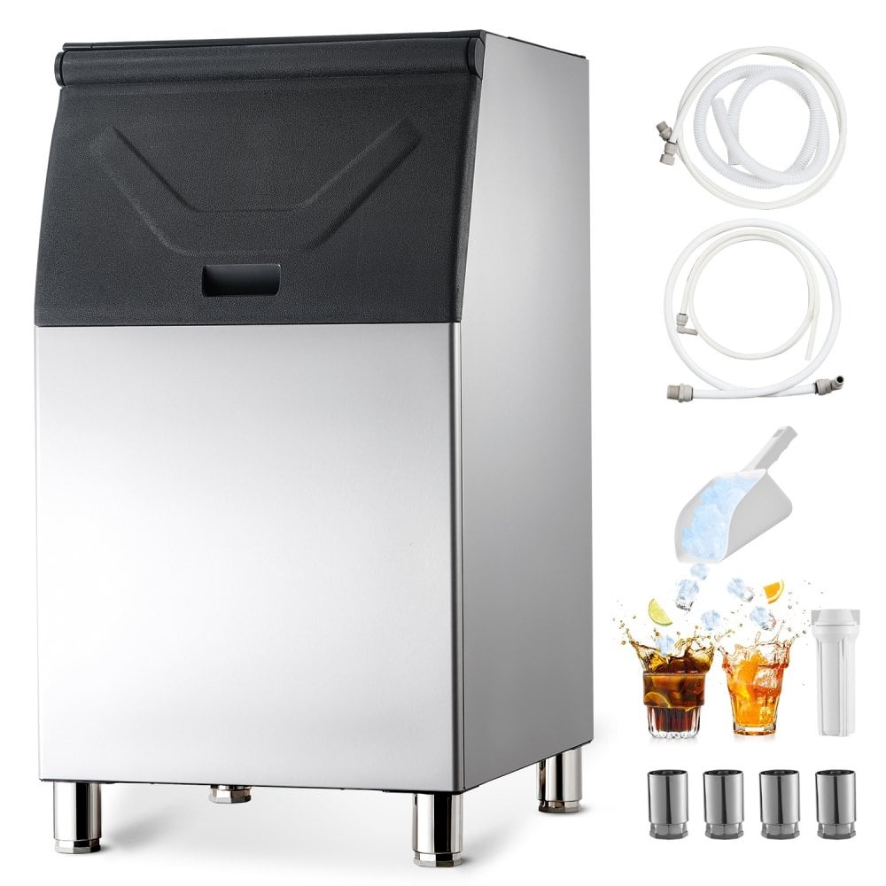 Silver-Black Stainless Steel 430 Commercial Ice Maker Storage Bin 300lbs with Insulated Casing and Adjustable Feet