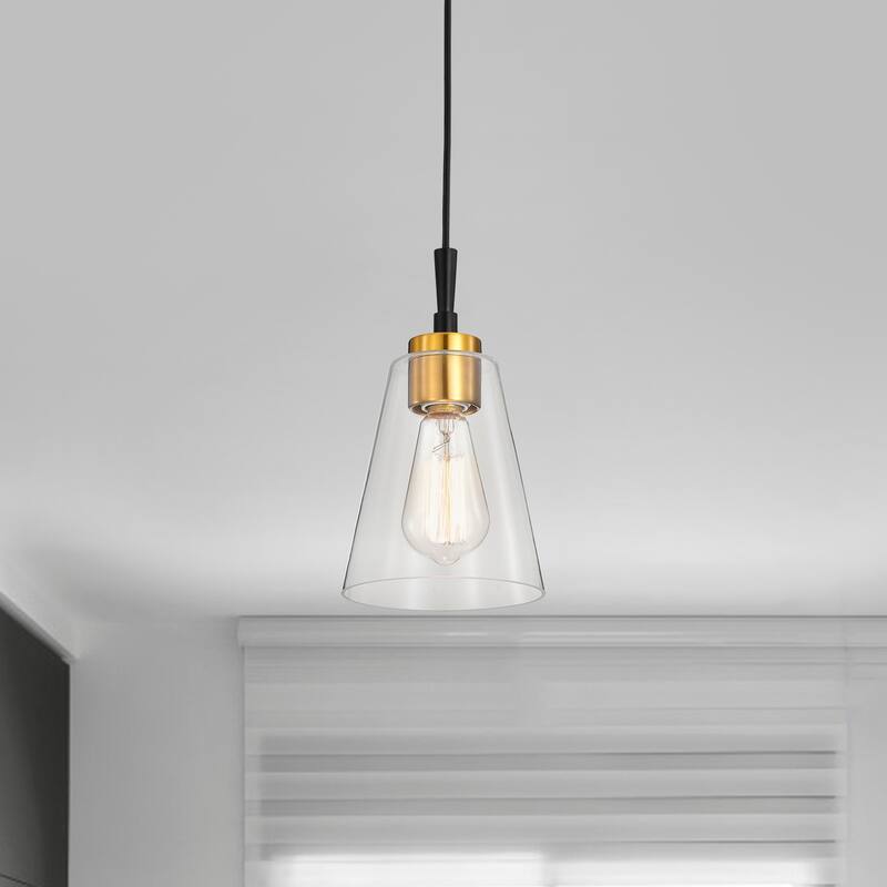 Briarwood 5.9 in. 1-Light Pendant with Clear Cone Glass Shade - Black and Antique Brass