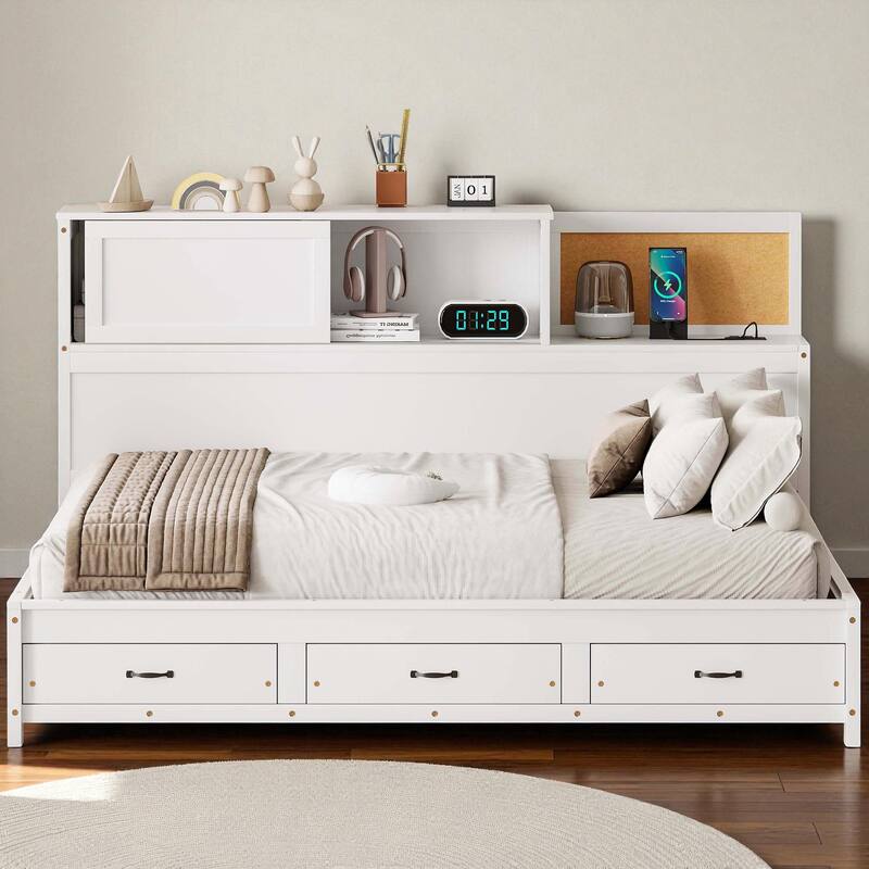 Twin Wooden Daybed with 3 Storage Drawers, USB & Outlet Ports, Pushable Top Shelf, Soft Board Headboard