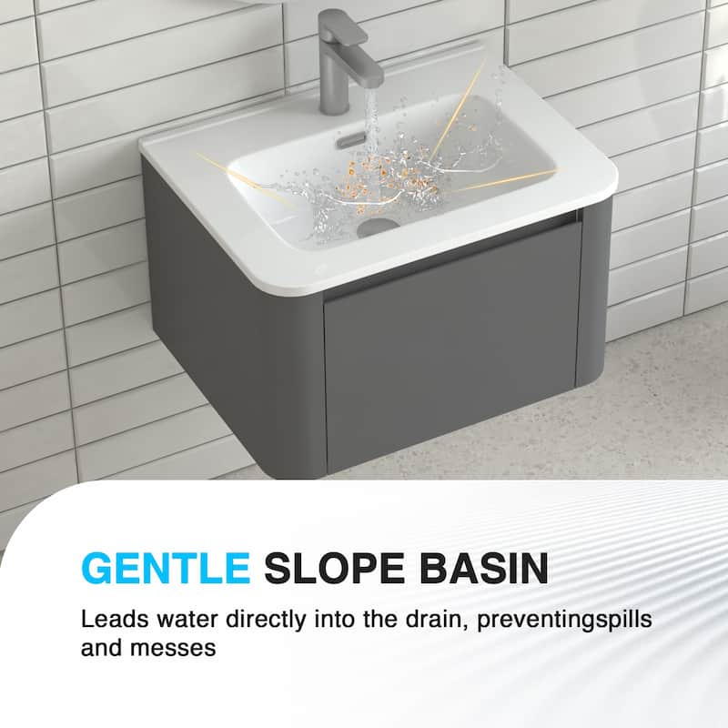 Wall Mounted Bathroom Vanity with Ceramic Basin - Grey