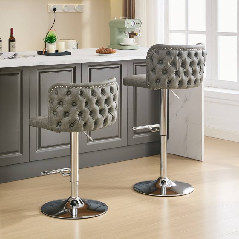 Modern PU Upholstered Bar Stools Set of 2, Swivel Barstools with Tufted Back, Adjustable Seat Height with Chrome Base
