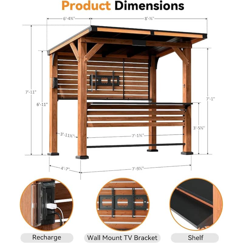 The Aura Cedar Wood Entertainment Bar Center, Wood Gazebo Grill Pavilion with Shelves & Paper Towel Holder