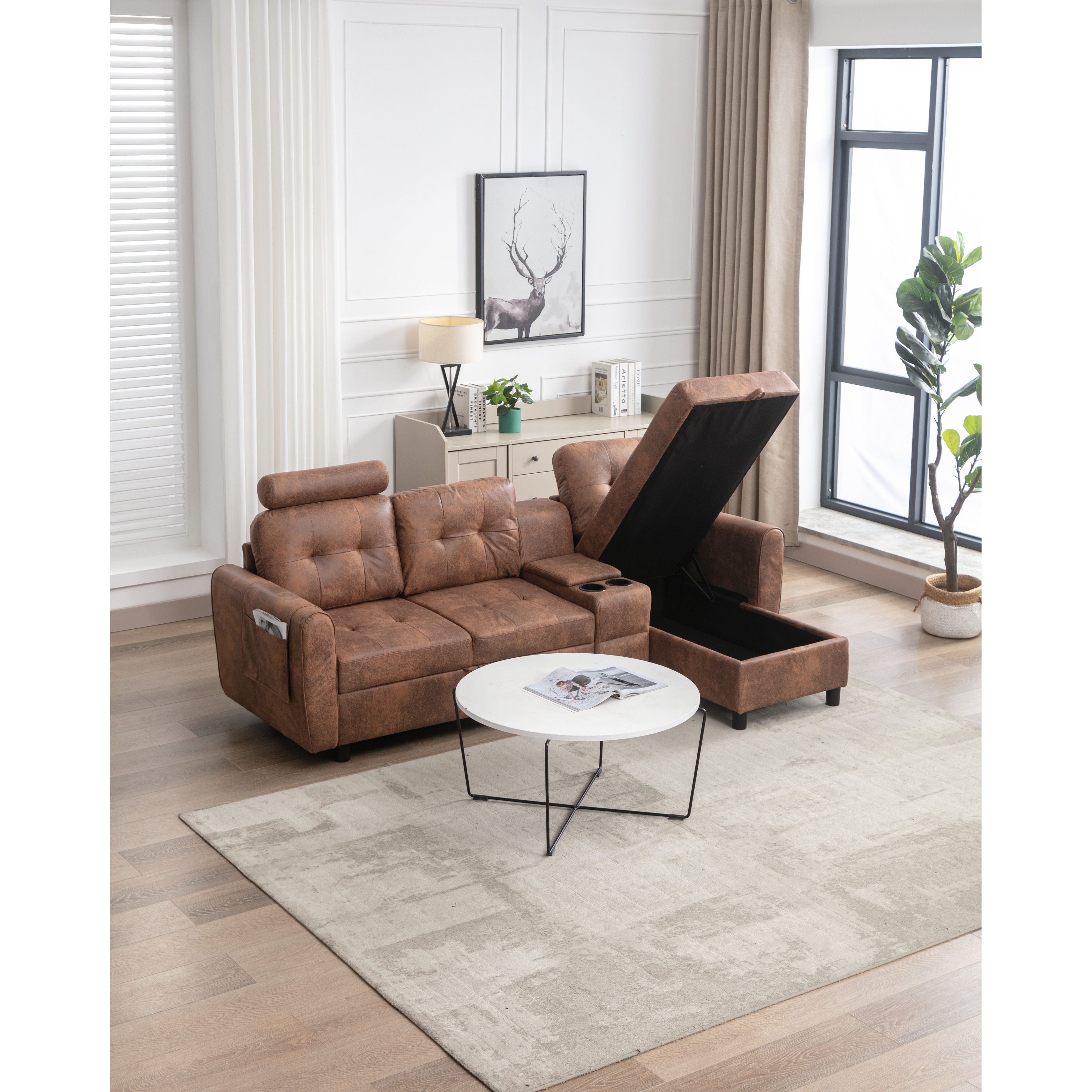 Livingroom Sectional Sofa Set with Storage and Cupholder Couch Set