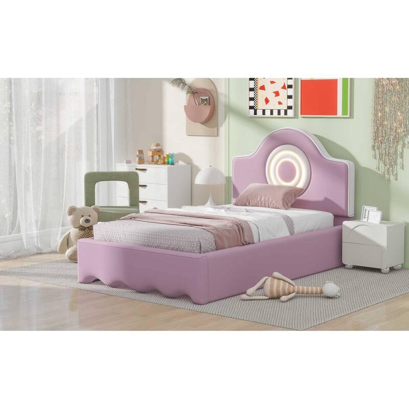 Full /Twin Size Upholstered Platform Bed with round LED Headboard,wavy design