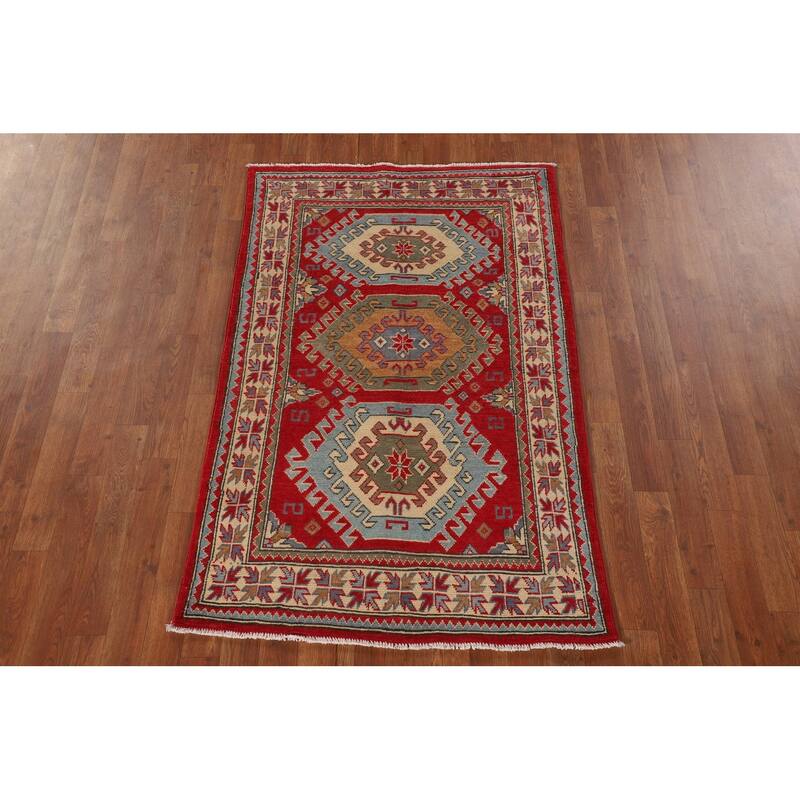 Traditional Kazak Oriental Accent Rug Handmade Red Wool Carpet - 3'2"x 5'1"