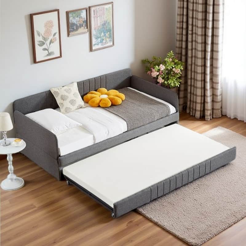 Grey Twin Size Daybed with Trundle, Sturdy Metal Frame, Space-Saving Design, Noise-Free, Easy Assembly - Grey
