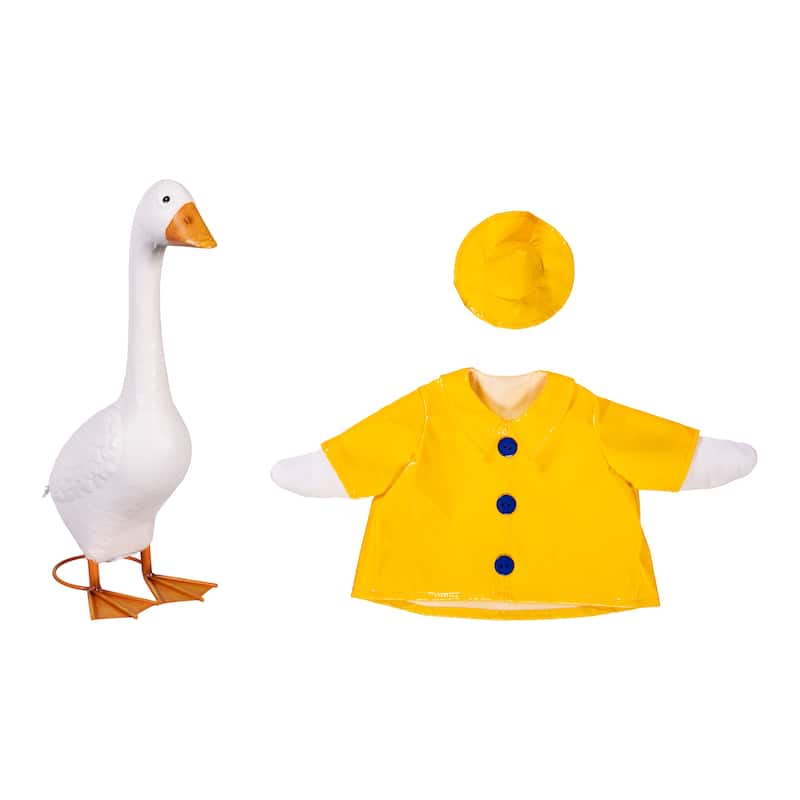 21 in. Metal Porch Goose Statuary with Rain Coat Outfit