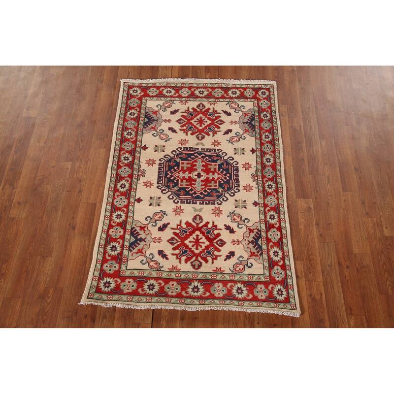 Ivory / Beige Kazak Oriental Accent Rug Hand-Knotted Wool Carpet - 3'2"x 4'8"