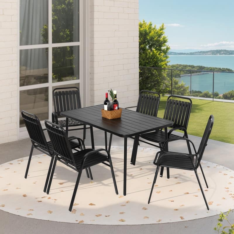 7-Piece Patio Dining Set - Plastic Chairs & Steel Table, Outdoor Garden Furniture‌‌