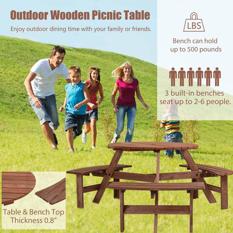 6 Seater Round Dining Table Set with 3 Built-in Benches, Outdoor Courtyard Wooden Picnic Table for Patio, Lawns, Garden