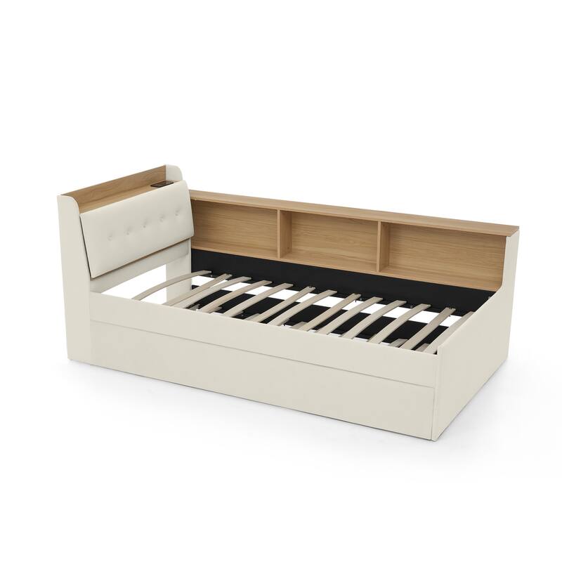 Roomfitters Twin Velvet Height Adjustable Day Bed with Storage Headboard, Wireless Charging and Trundle