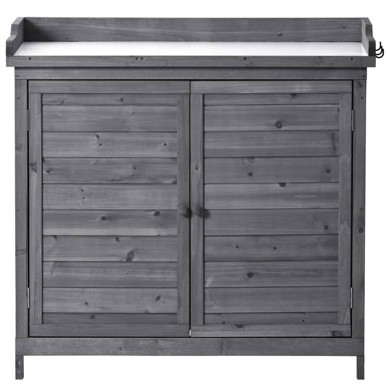 39" Potting Bench Table, Rustic Wood Workstation Storage Cabinet Garden Shed with 2-Tier Shelves and Side Hook