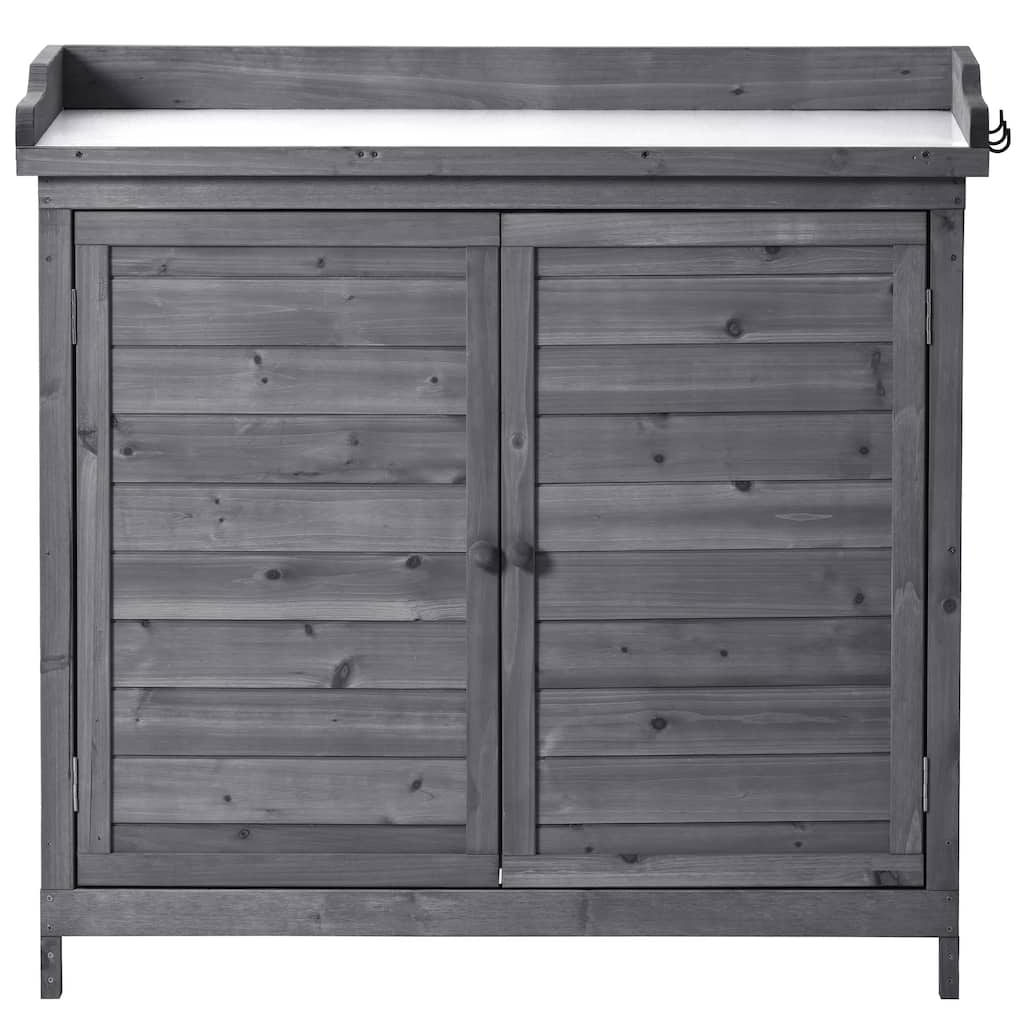 39" Wooden Rustic Potting Bench Table, Storage Cabinet Garden Shed with 2-Tier Shelves and Side Hook
