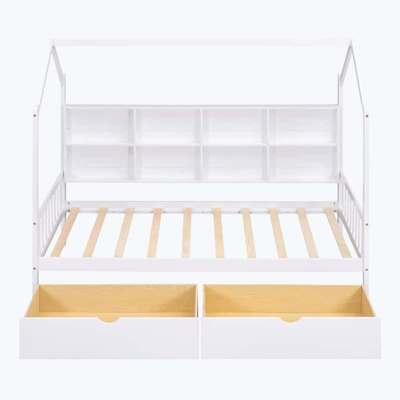 Comfortable Wooden House Bed with 2 Drawers,Kids Bed with Storage Shelf