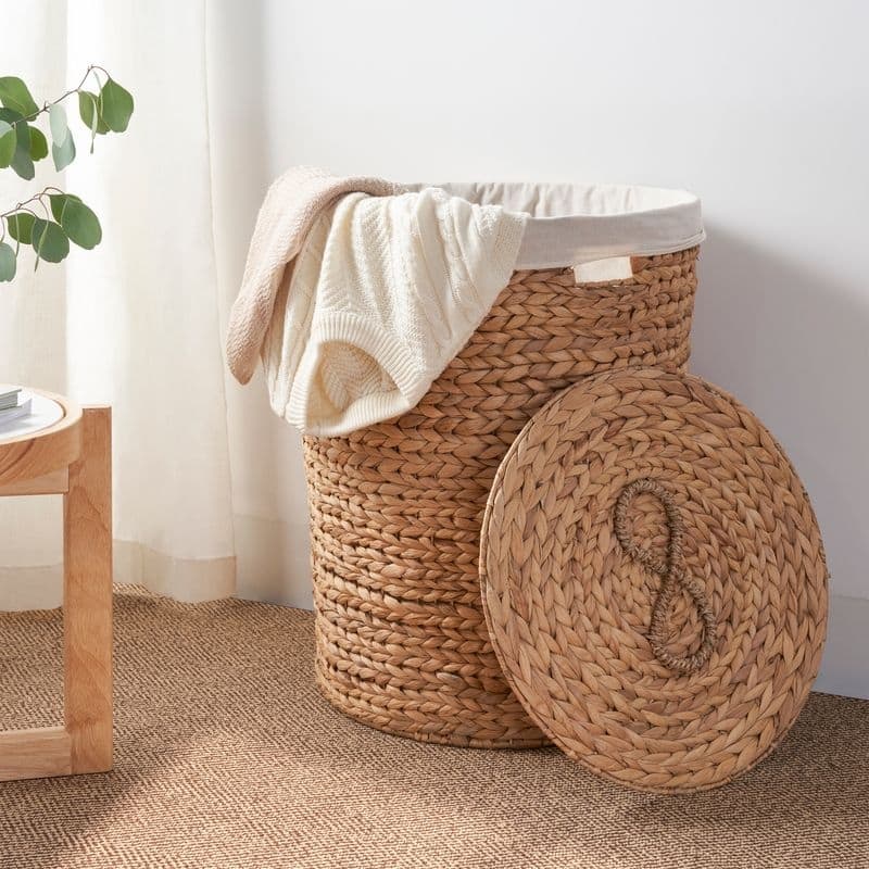 Ludmilla Round Tall Water Hyacinth Woven Wicker Laundry Hamper with Lid 18" x 18" x 23" - Natural Brown - 18" x 18" x 23"